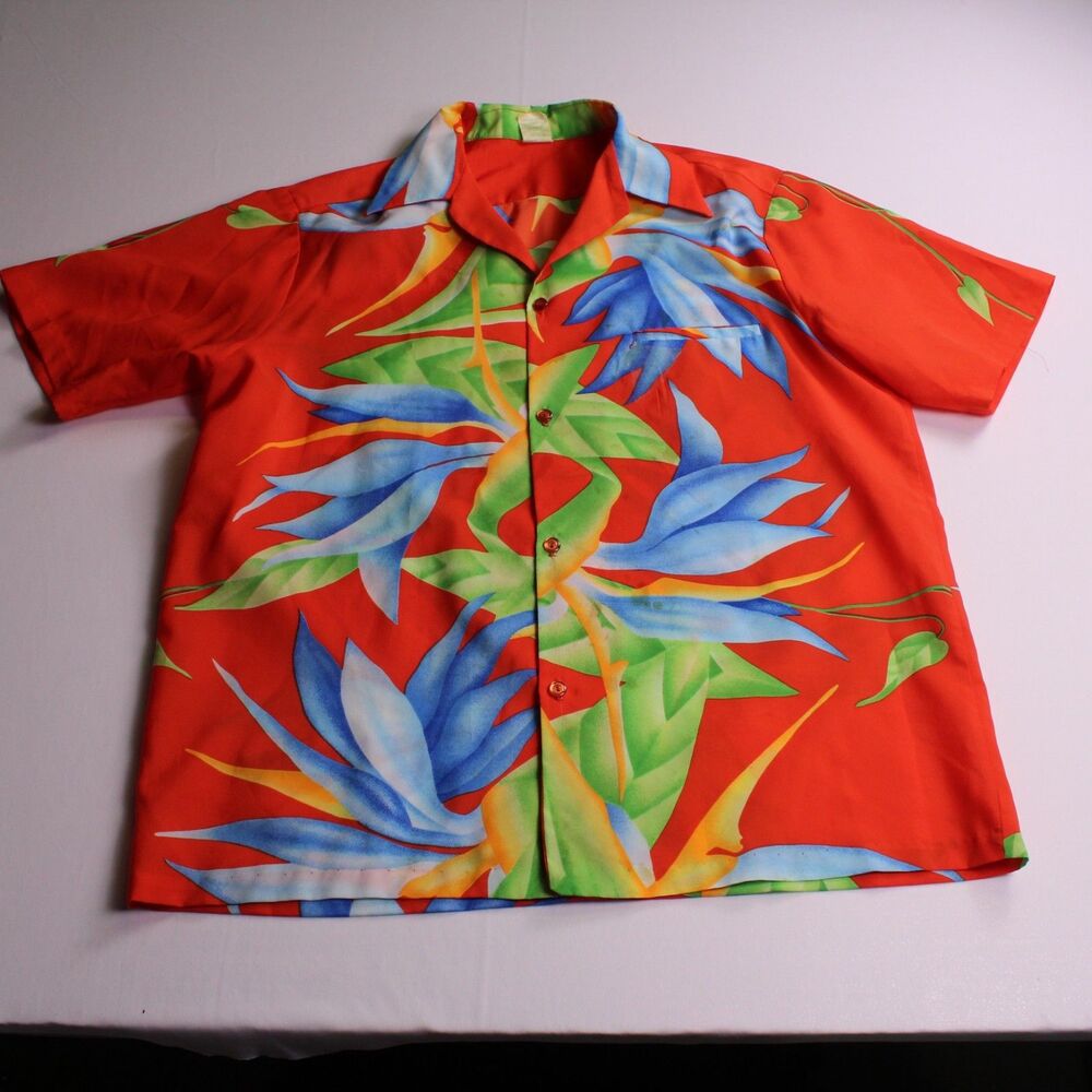 Vintage 70s Greenecastle Hawaiian Shirt Men's M Red Bird of Paradise Floral USA